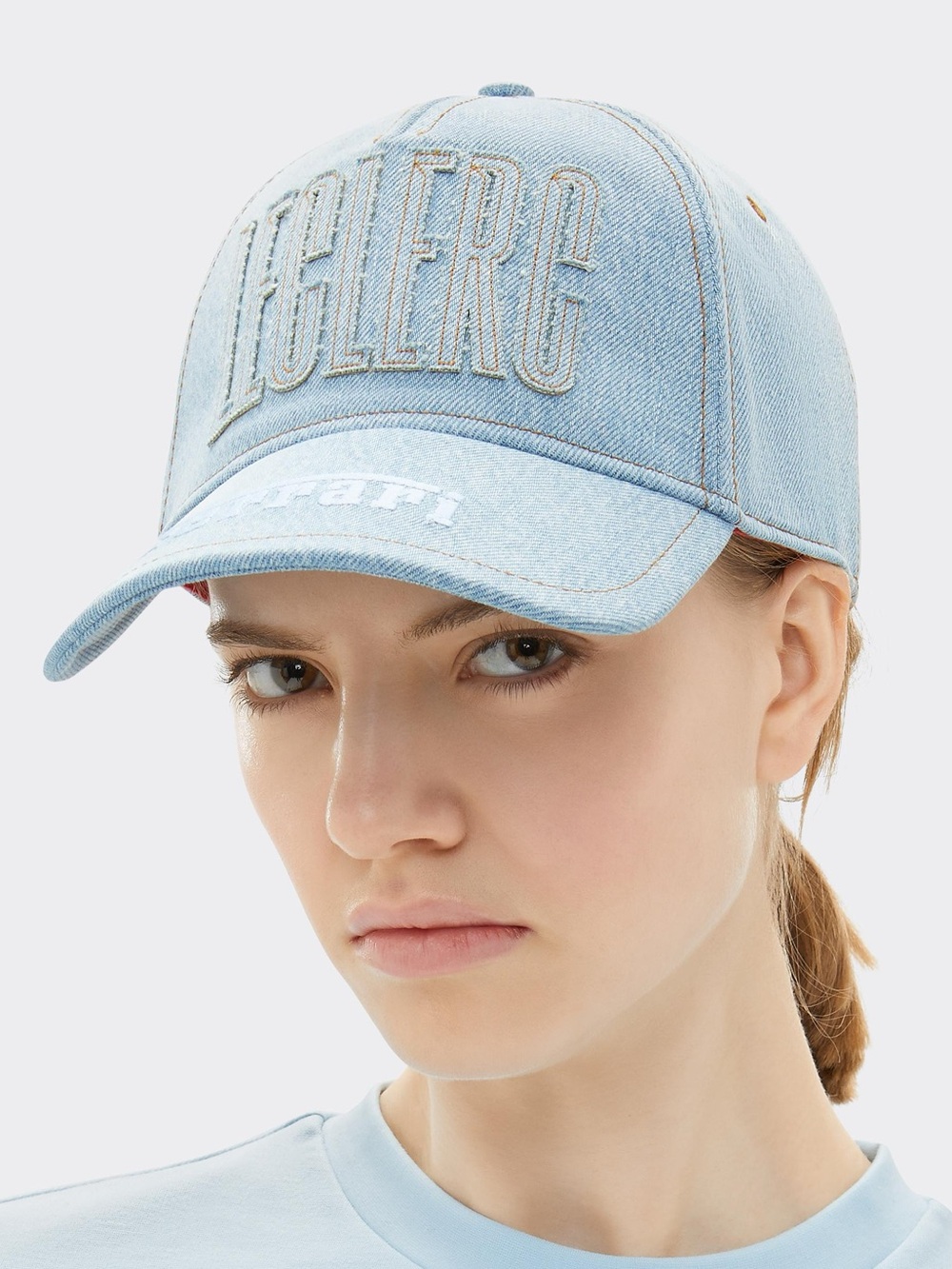Ferrari x Charles Leclerc Light Blue Embroidered Denim Baseball Cap